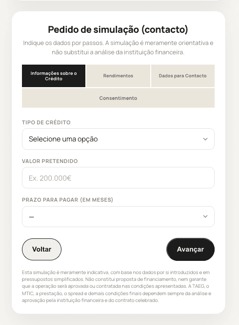 Up Prime Credit four-step simulation request form with credit type, amount, and term fields