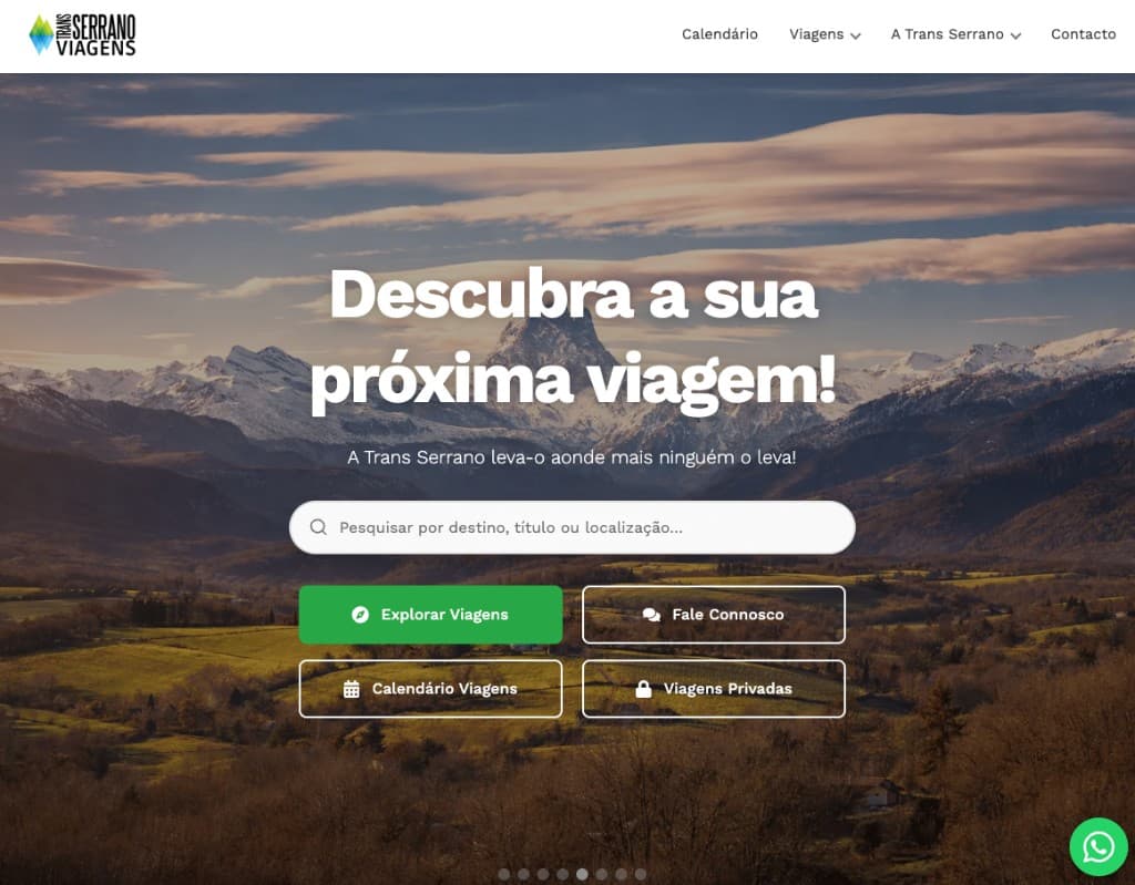 Trans Serrano Viagens homepage — mountain hero, trip search, and explore CTAs