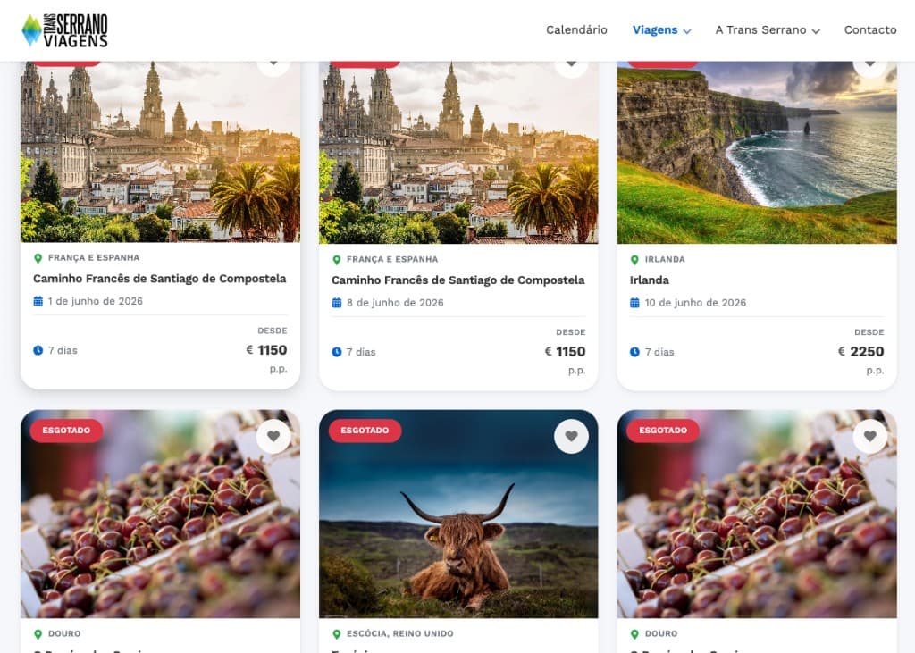 Trans Serrano Viagens trip catalogue with dates, pricing, and sold-out states